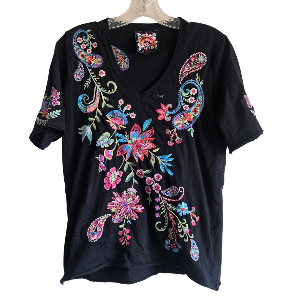 Johnny Was S Karime Embroidered Tee Womens Black Excellent V-Neck Floral J14325-